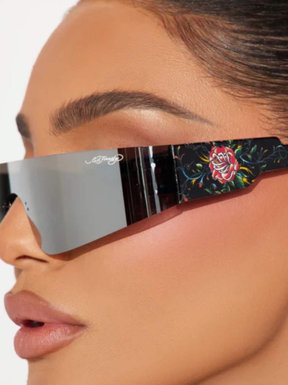 Ed Hardy Black Shield Sunglasses with Red Rose Temple Art